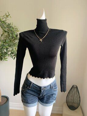ZARA Black Ribbed Turtleneck Knit Top Gold Scallop Trim